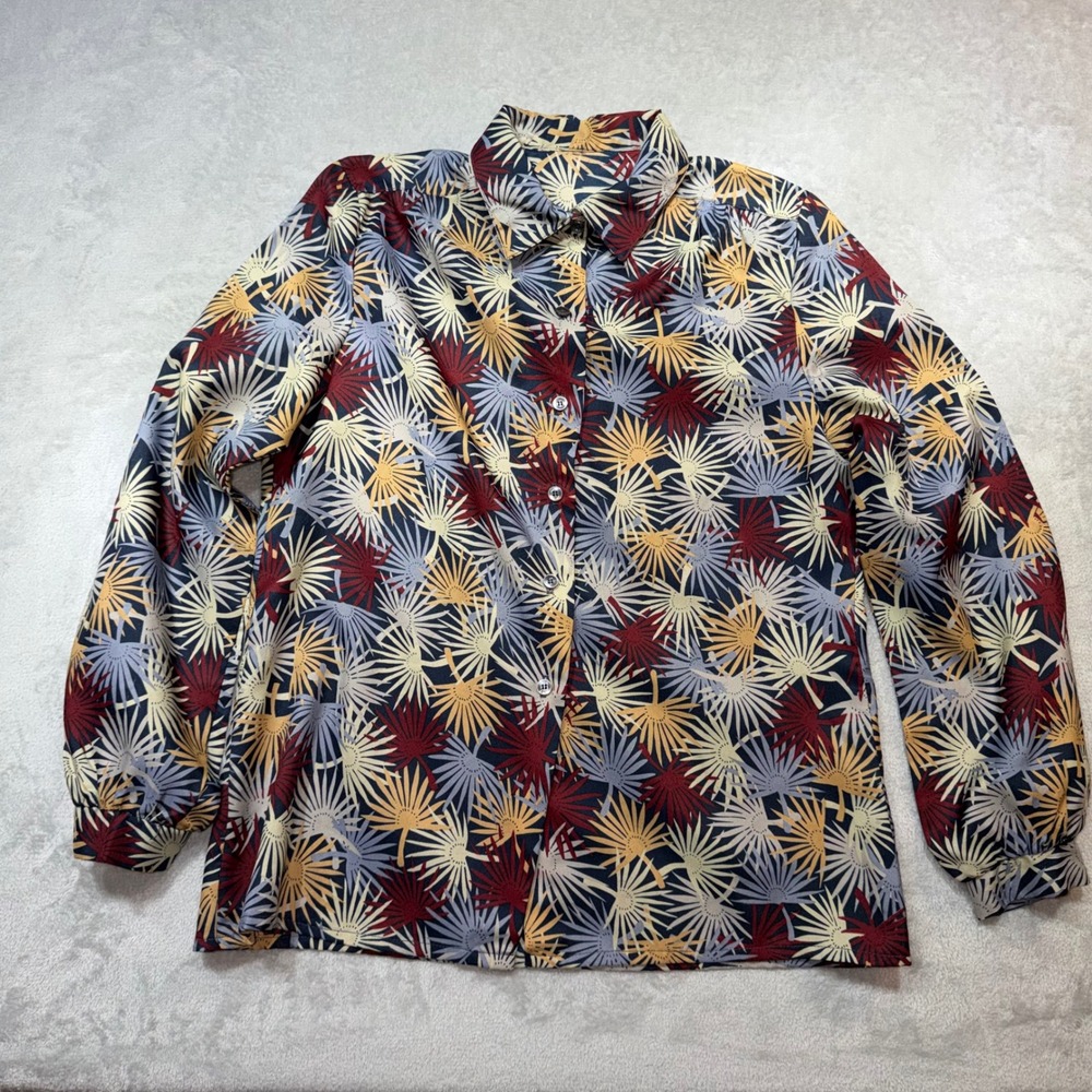 Vintage 70s Geometric Fan Print Button Down Blouse Retro Long Sleeve Shirt L‎